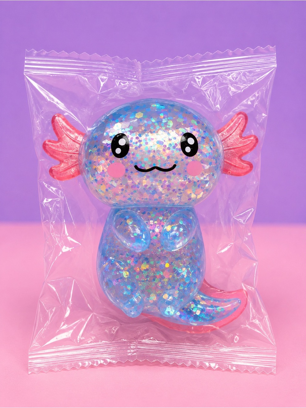Holographic Blue Glitter Axolotl Sugar Squish with Pink Fins